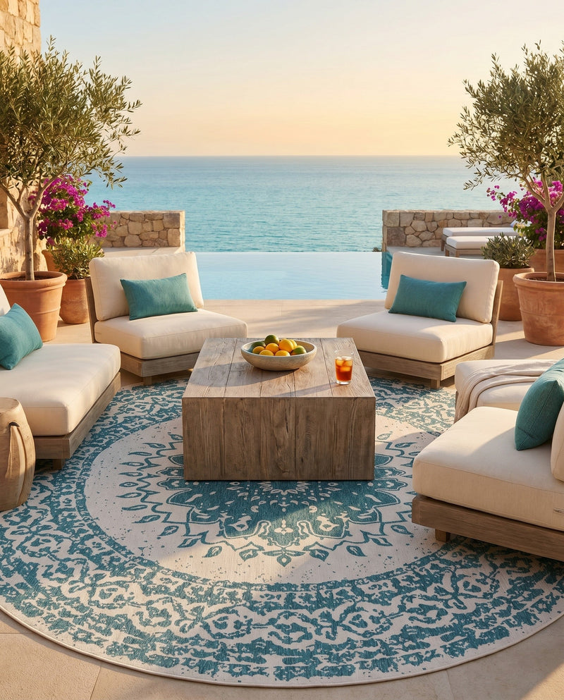 Patio Heritage Collection Area Rug -  Lafayette (Aqua) Round Aqua  lifestyle 18