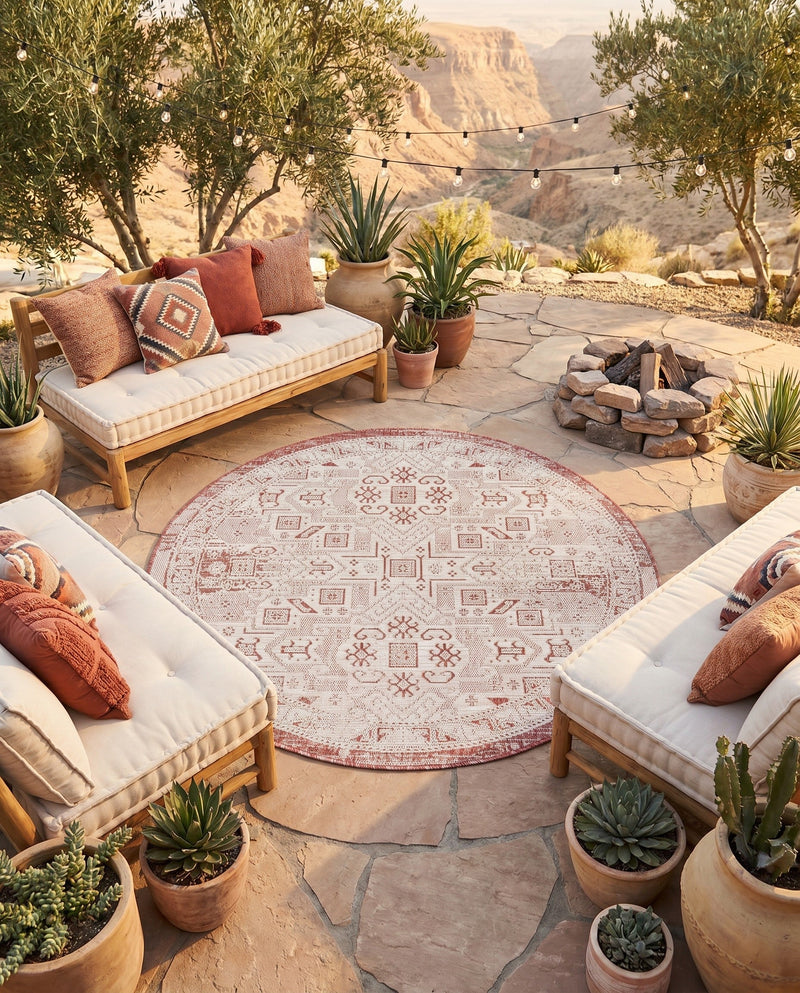 Tribal Terrace Treasures Collection Area Rug - Mayan Marina (Rust Red) Round Rust Red  lifestyle 41