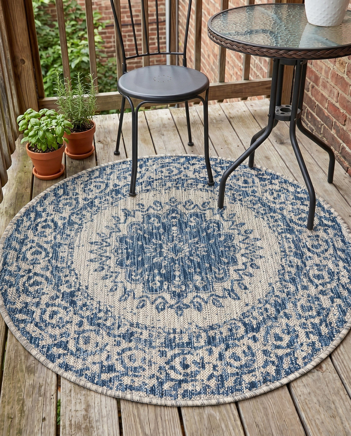 Patio Heritage Collection Area Rug -  Lafayette (Blue) Round Blue  lifestyle 93