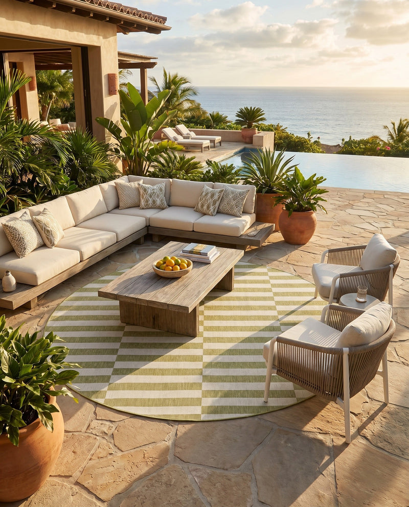 Seaside Stripes Collection Area Rug - Cabana (Green) Round Green  lifestyle 34