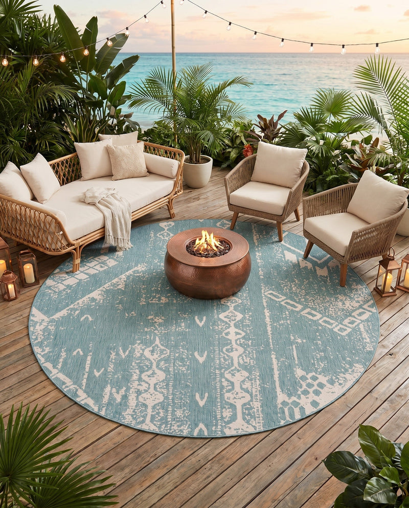 Desert Nomad Terrace Collection Area Rug - Sahara (Light Aqua) Round Light Aqua  lifestyle 25