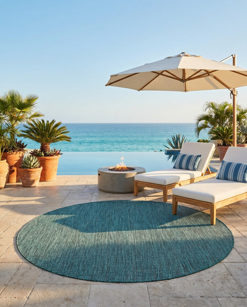 Seaside Serenity Collection Area Rug - Veranda (Teal) Round Teal  lifestyle 64