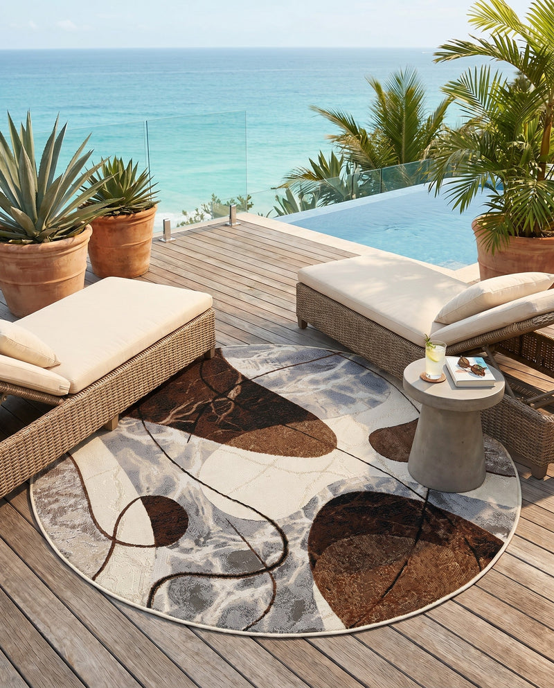 Urban Terrace Collection Area Rug -  Garden Round Brown and White  lifestyle 66