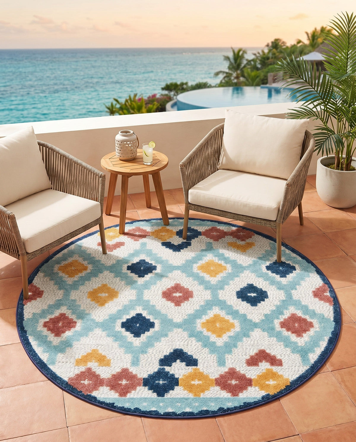 Caribbean Terrace Collection Area Rug -  Tobago Round Ivory  lifestyle 52