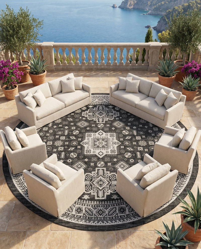 Tribal Terrace Treasures Collection Area Rug -  Incan Isle (Charcoal Gray) Round Charcoal Gray  lifestyle 44