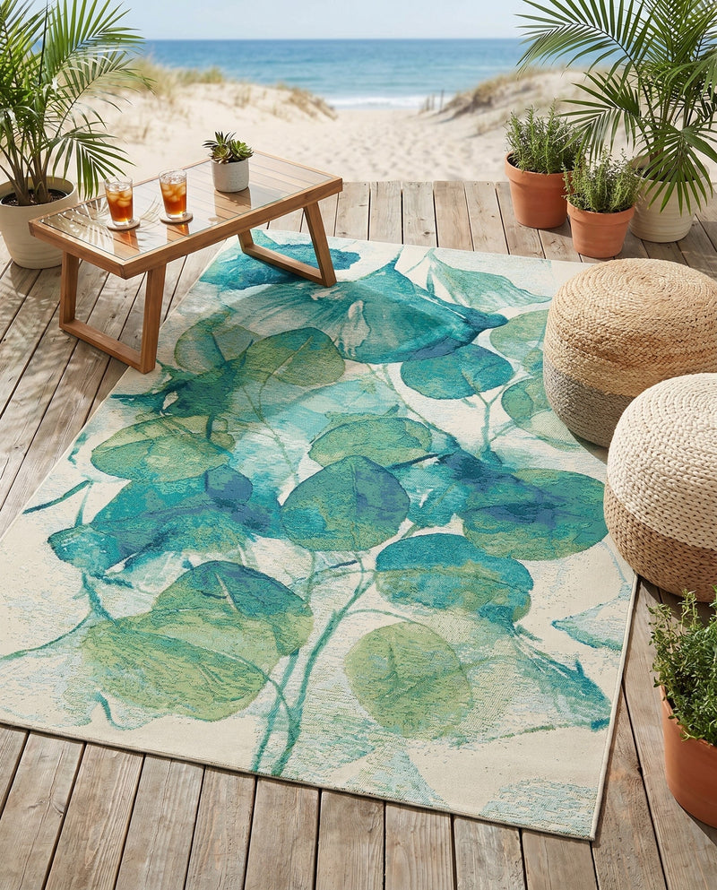 Seaside Blooms Collection Area Rug -  Flora Rectangle Blue Green  lifestyle 32