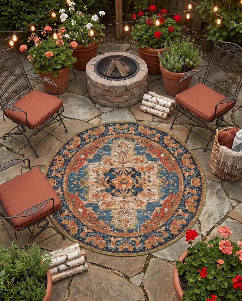 Patio Heritage Collection Area Rug -  Grove Round Navy Blue and Rust Red  lifestyle 66
