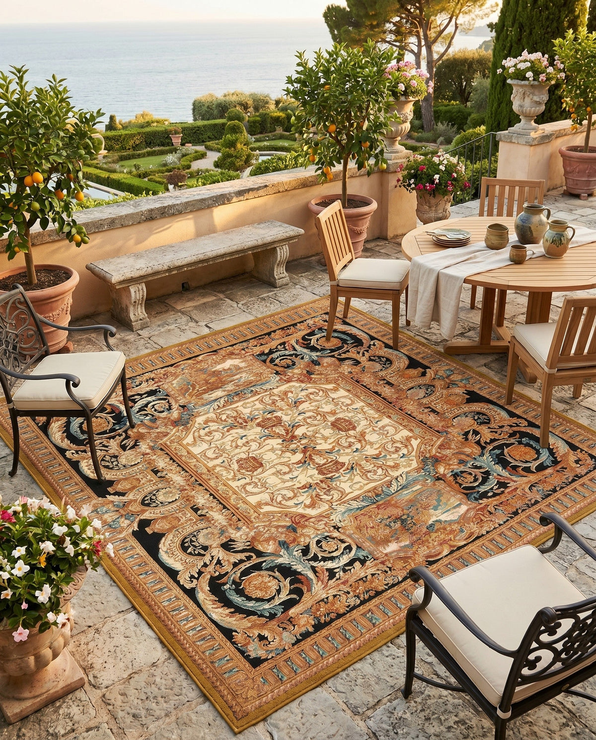 Patio Heritage Collection Area Rug - Veranda Square Black Gold Brown  lifestyle 102