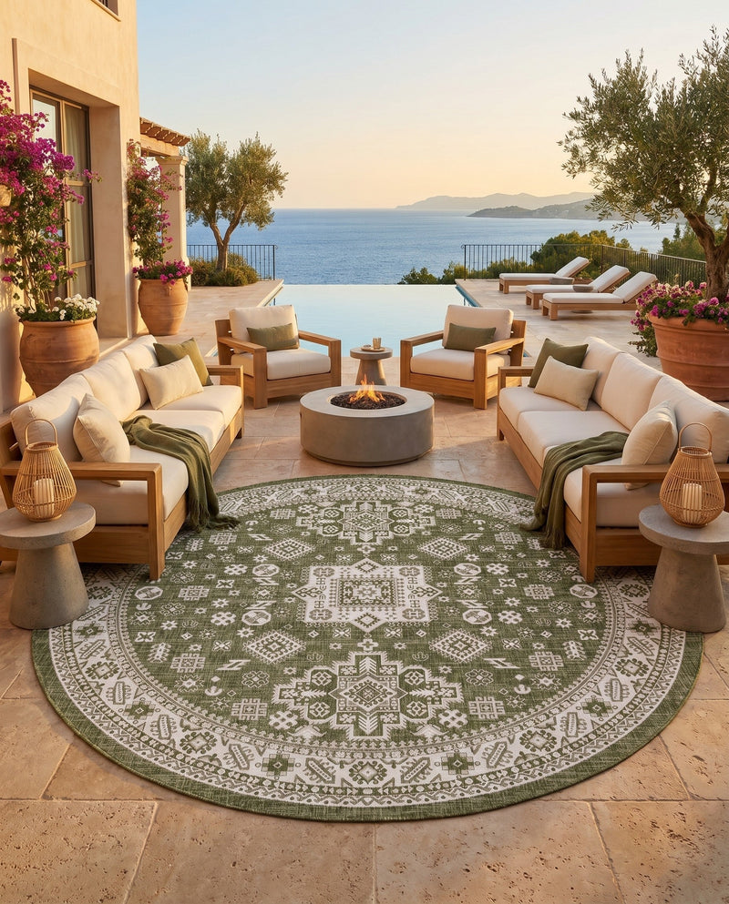 Tribal Terrace Treasures Collection Area Rug -  Incan Isle (Green) Round Green  lifestyle 27
