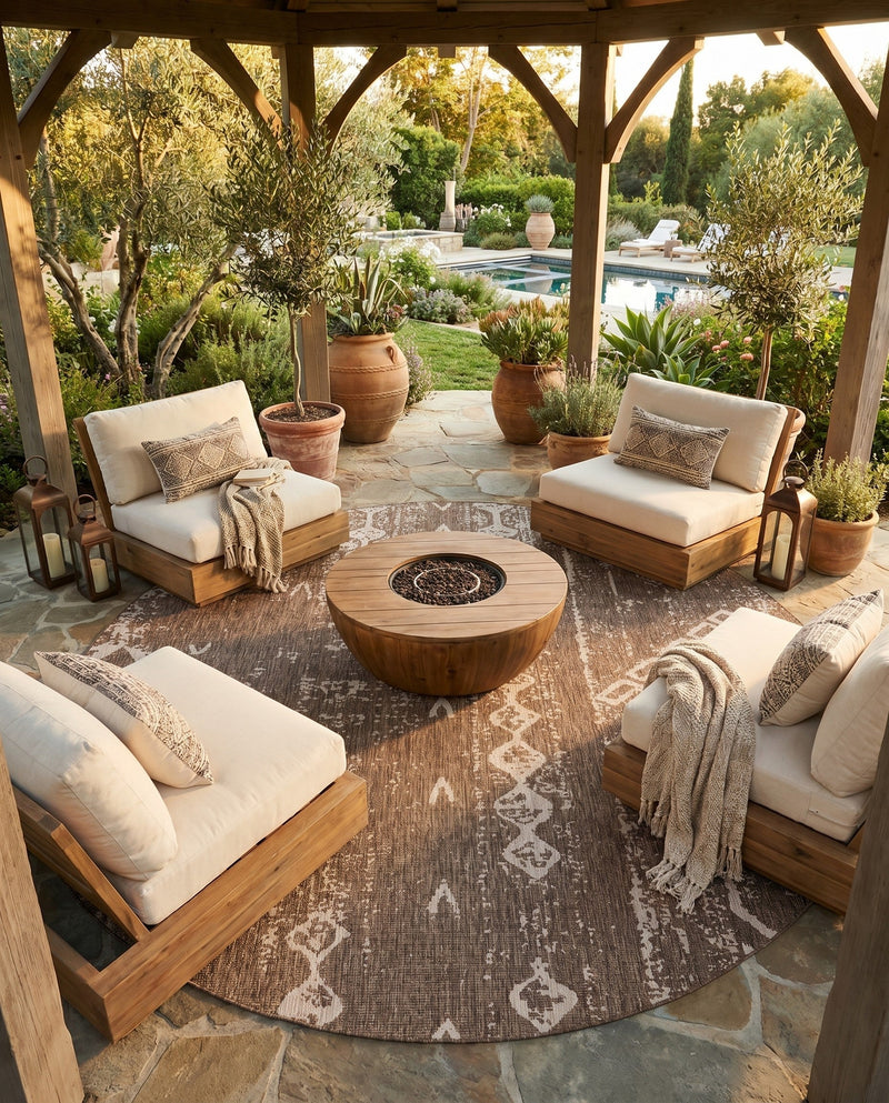 Desert Nomad Terrace Collection Area Rug - Sahara (Brown) Round Brown  lifestyle 48
