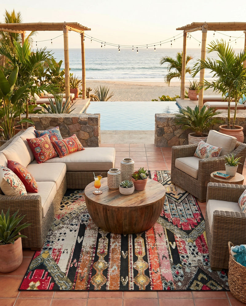Outdoor Marrakesh Collection Area Rug -  Agadir Rectangle Multi Black  lifestyle 14