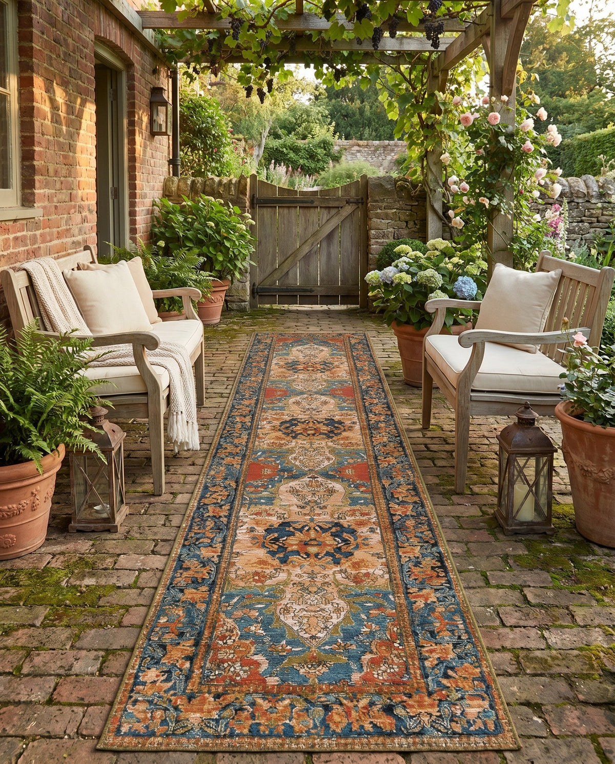 Patio Heritage Collection Area Rug -  Grove Runner Navy Blue and Rust Red  lifestyle 99