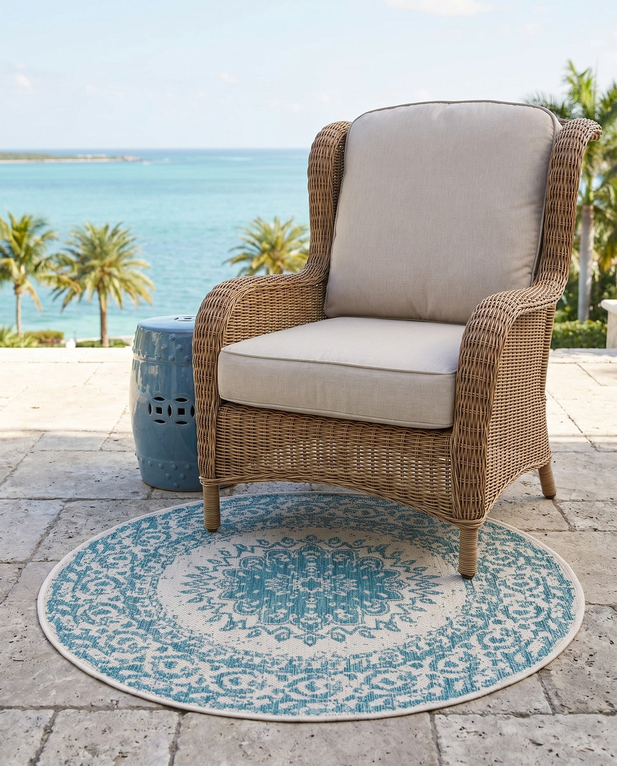 Patio Heritage Collection Area Rug -  Lafayette (Aqua) Round Aqua  lifestyle 85