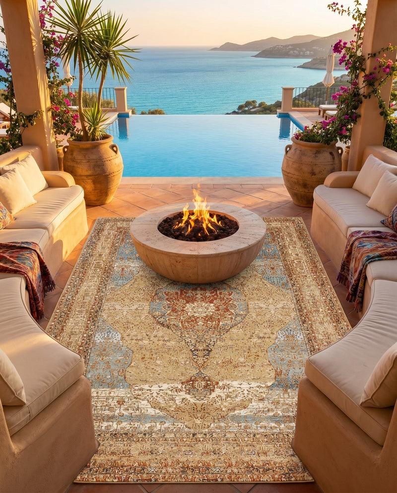 Patio Heritage Collection Area Rug -  Pergola Rectangle Blue and Light Brown  lifestyle 36