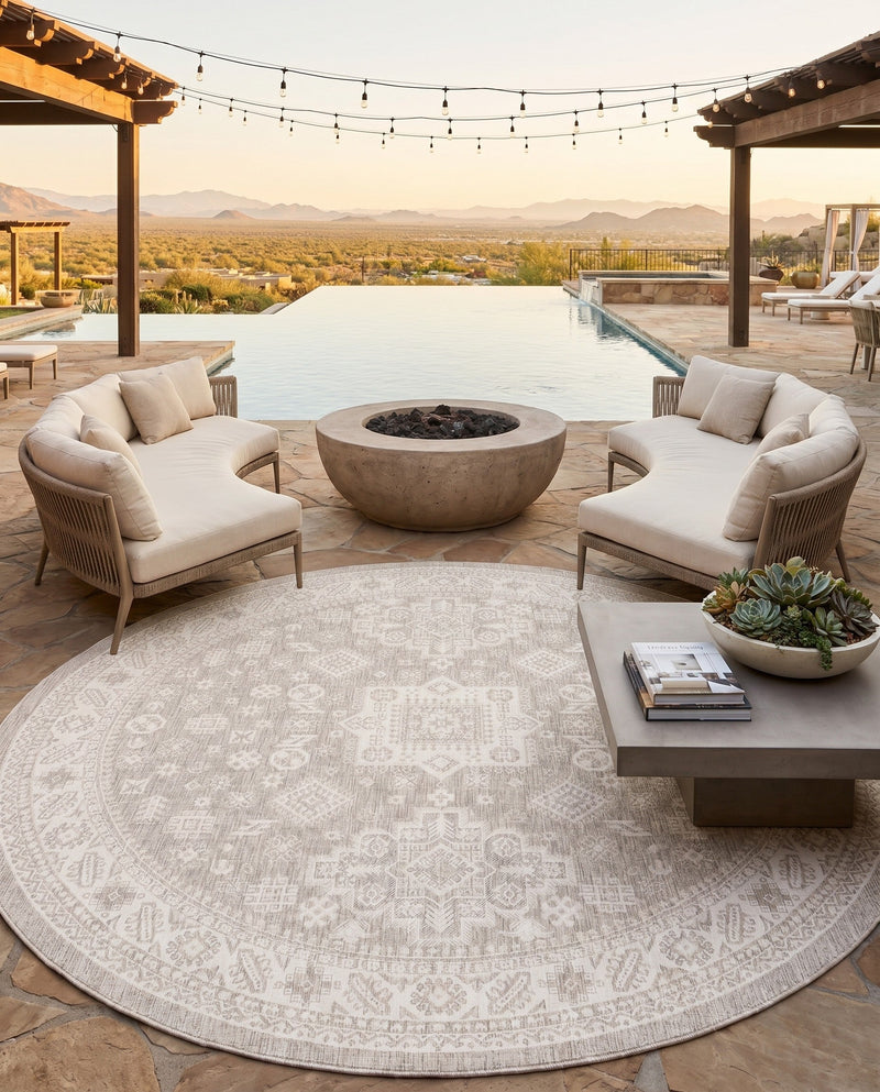Tribal Terrace Treasures Collection Area Rug -  Incan Isle (Light Gray) Round Light Gray  lifestyle 48