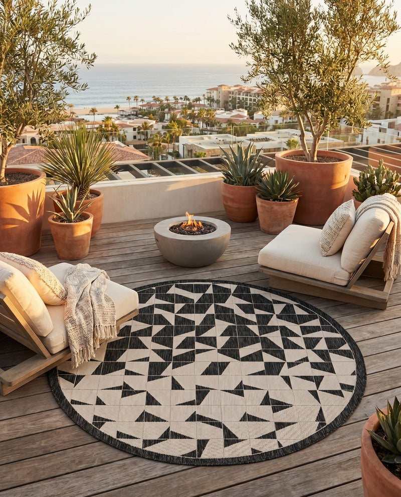 Urban Terrace Collection Area Rug -  Mercer Round Black and White  lifestyle 70
