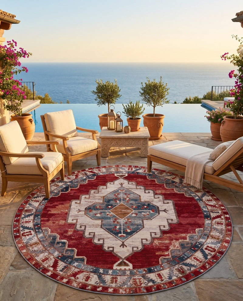 Patio Heritage Collection Area Rug -  Alcove Round Red and Navy Blue  lifestyle 65