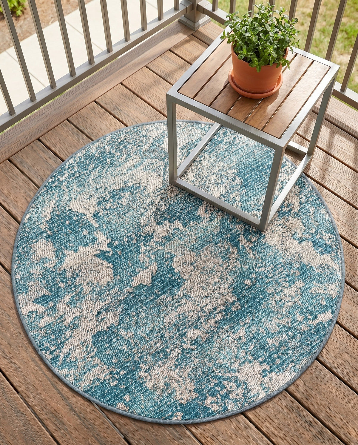 Urban Terrace Collection Area Rug -  Gazebo Round Aqua Blue  lifestyle 103