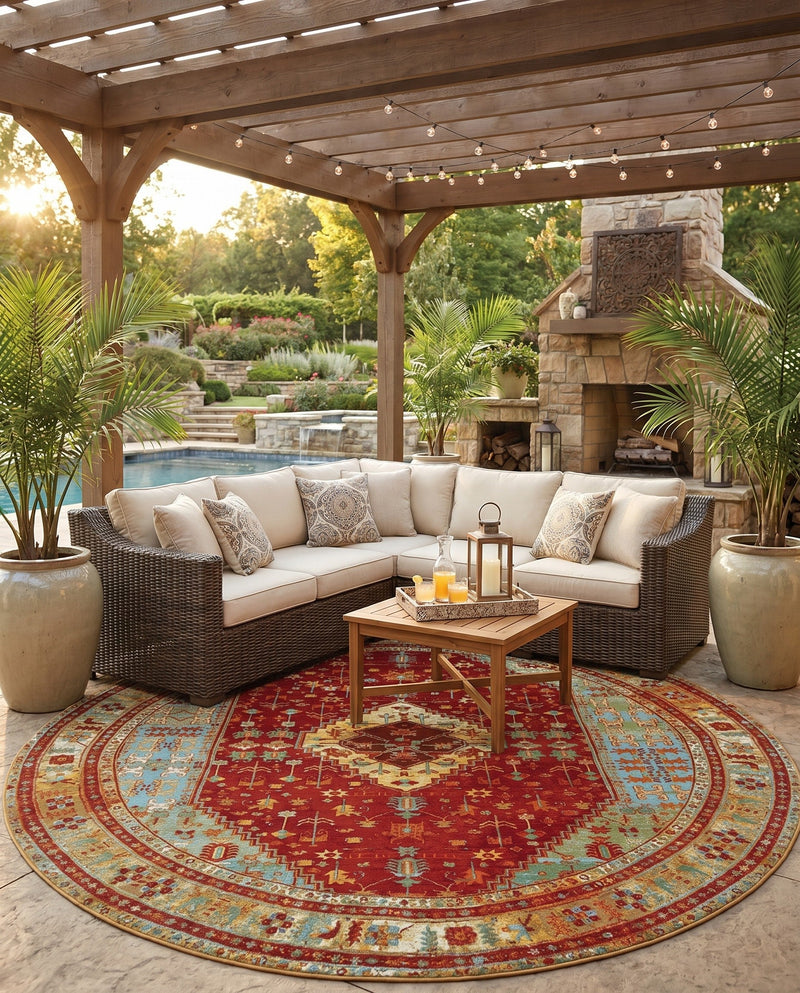 Patio Heritage Collection Area Rug -  Arbor Round Red Green Blue  lifestyle 62