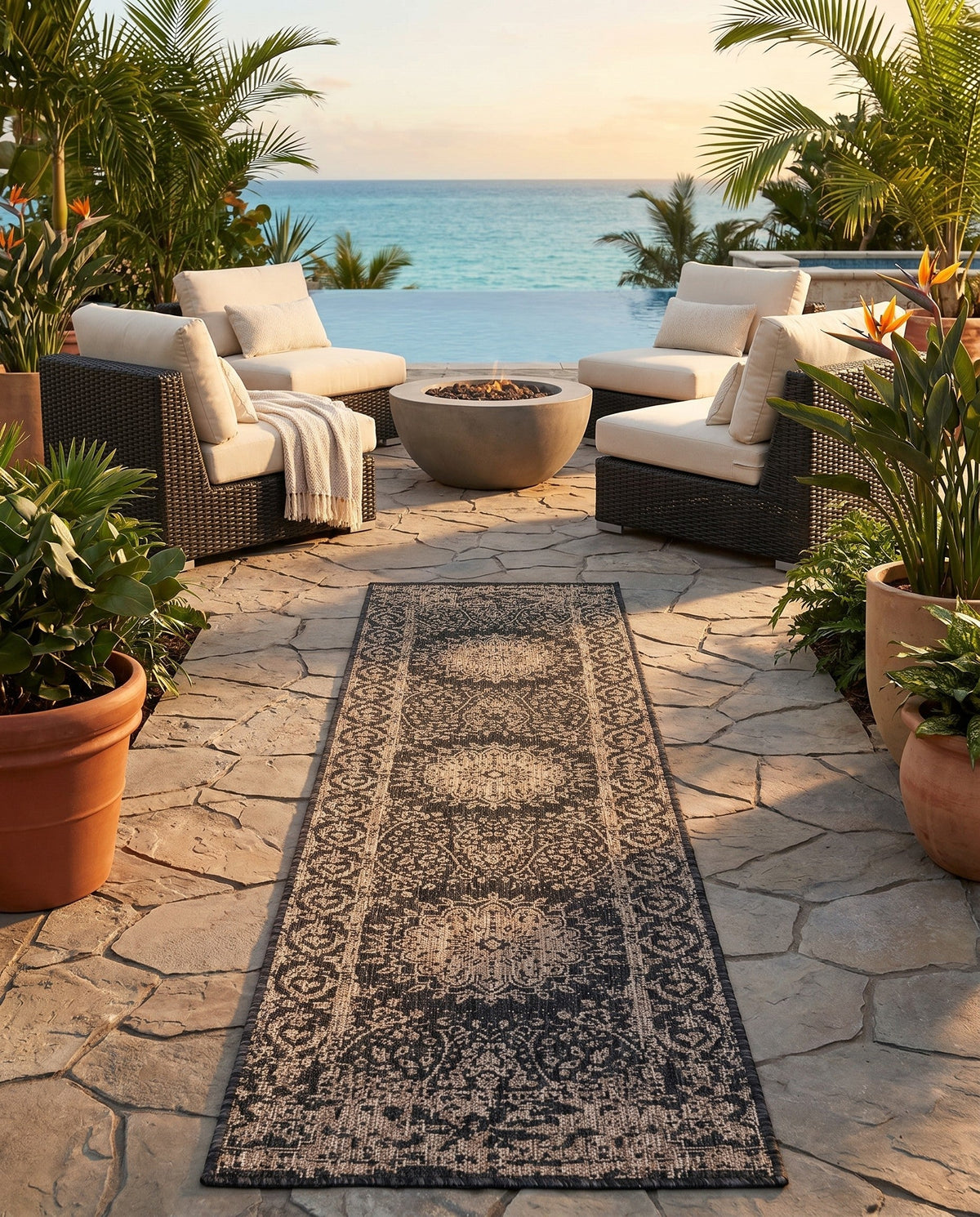 Patio Heritage Collection Area Rug -  Lafayette (Black) Runner Black  lifestyle 81