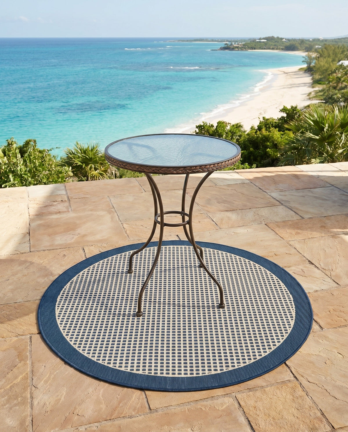 Terrace Fringe Collection Area Rug - Oceanside Round Navy Blue  lifestyle 193