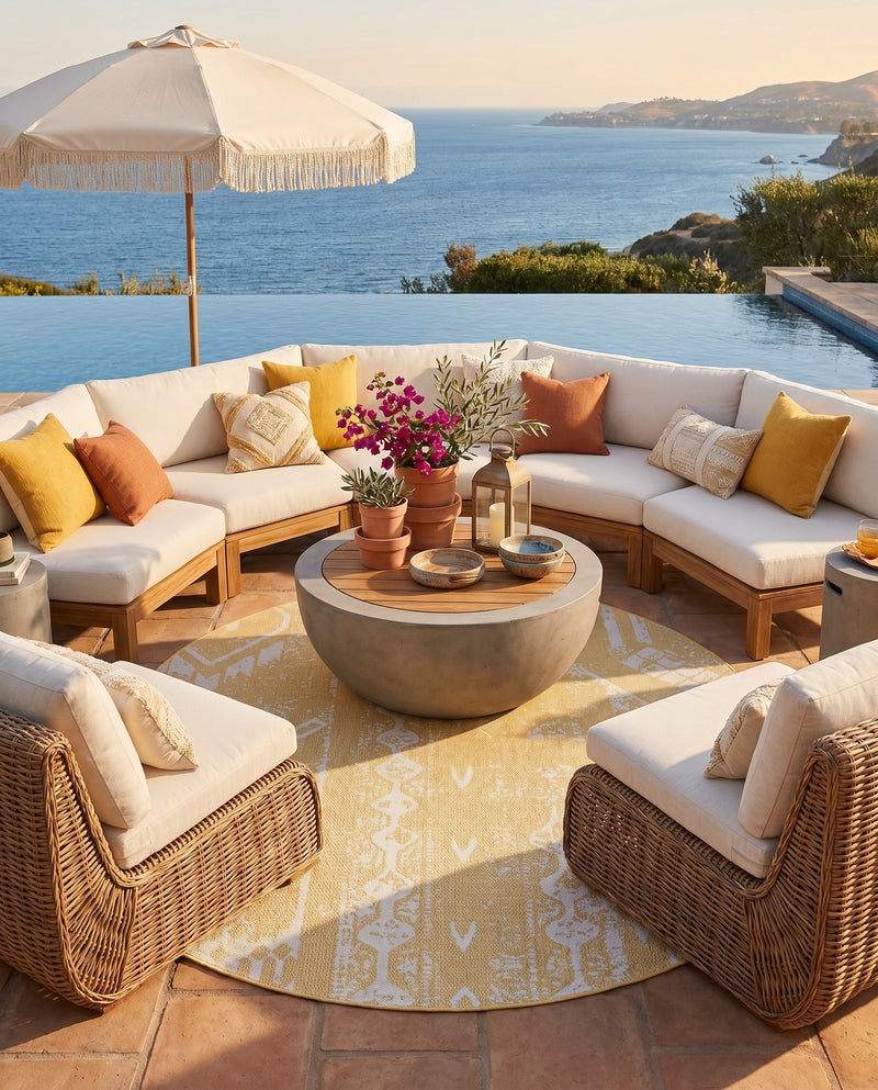 Desert Nomad Terrace Collection Area Rug - Sahara (Yellow) Round Yellow  lifestyle 34