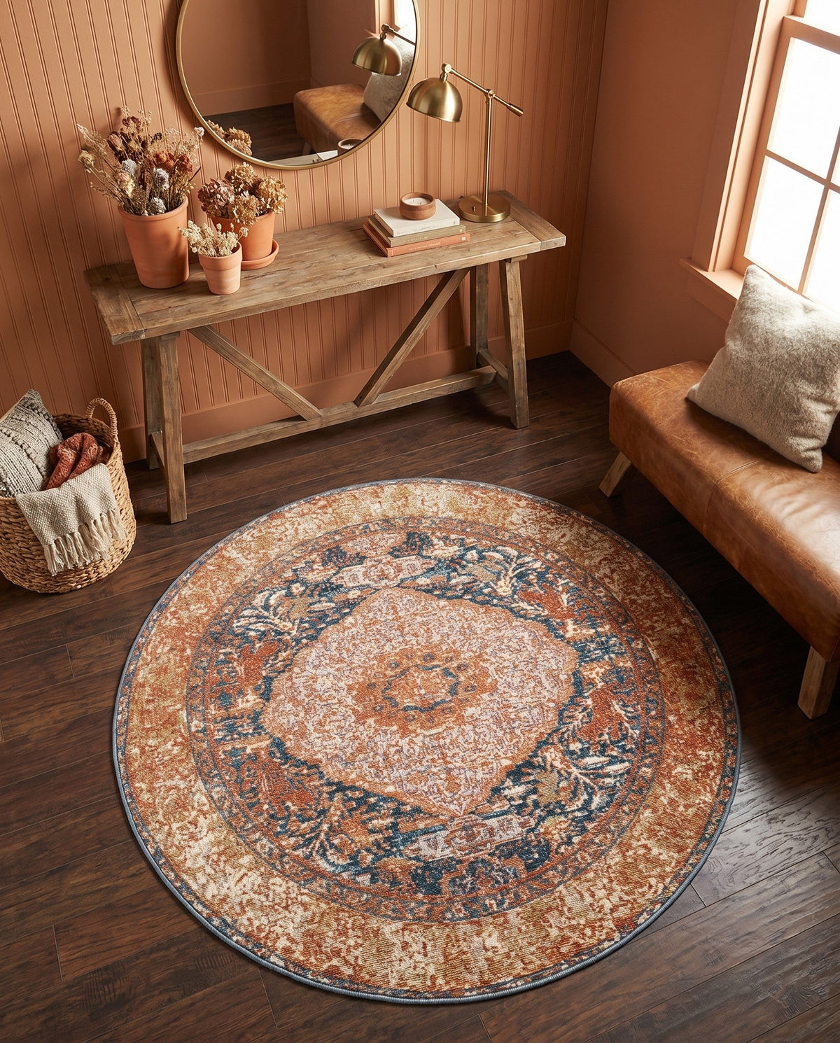 Patio Heritage Collection Area Rug -  Courtyard Round Navy Blue and Light Pink  lifestyle 82