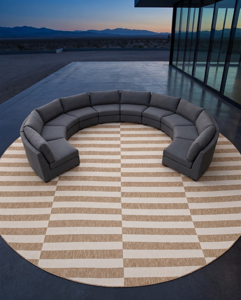 Seaside Stripes Collection Area Rug - Cabana (Taupe) Round Taupe  lifestyle 45