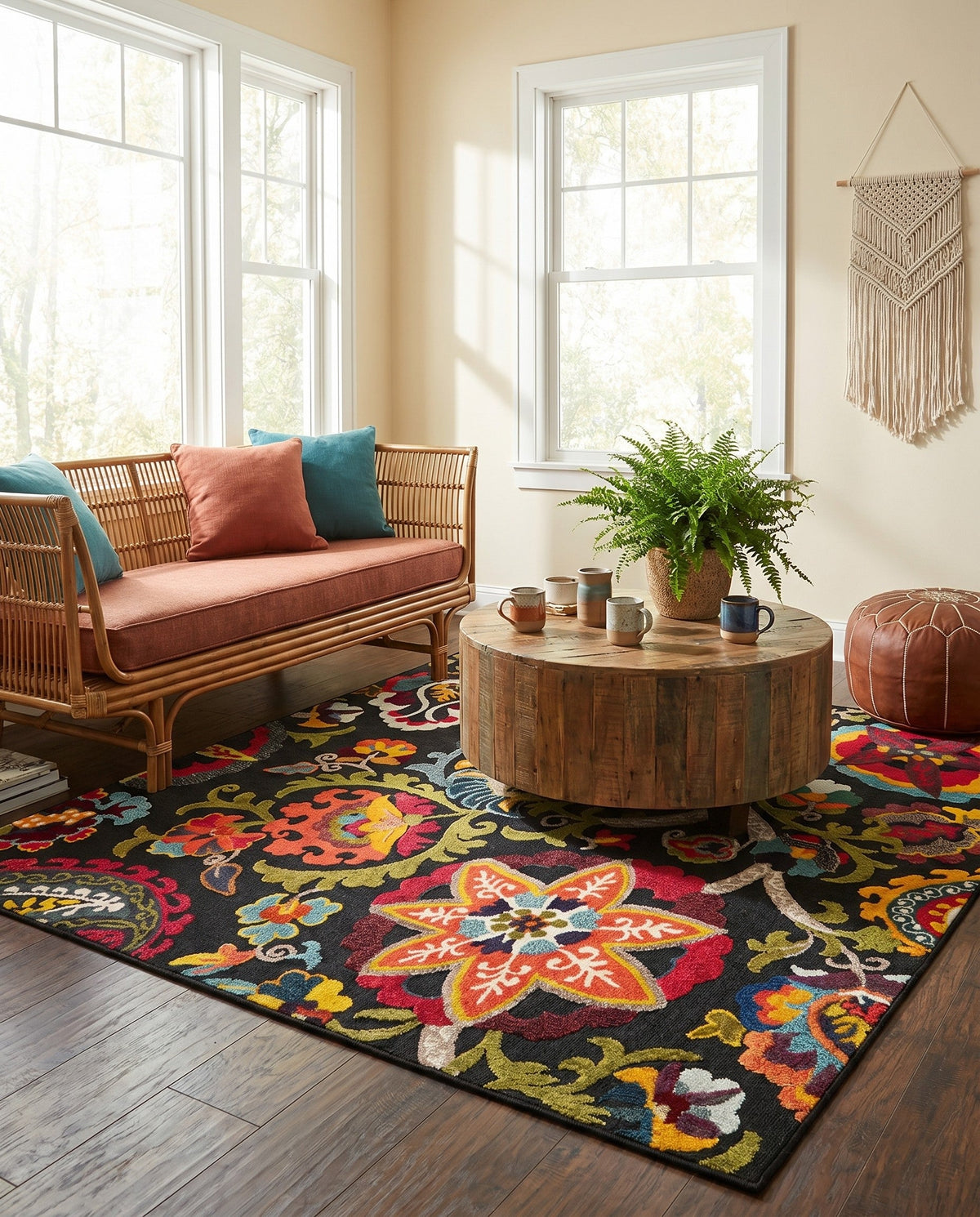 Outdoor Marrakesh Collection Area Rug - Fes Square Multi Black  lifestyle 150