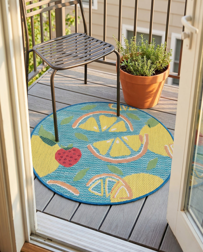 Coastal Terrace Collection Area Rug -  Cove Round Blue  lifestyle 63