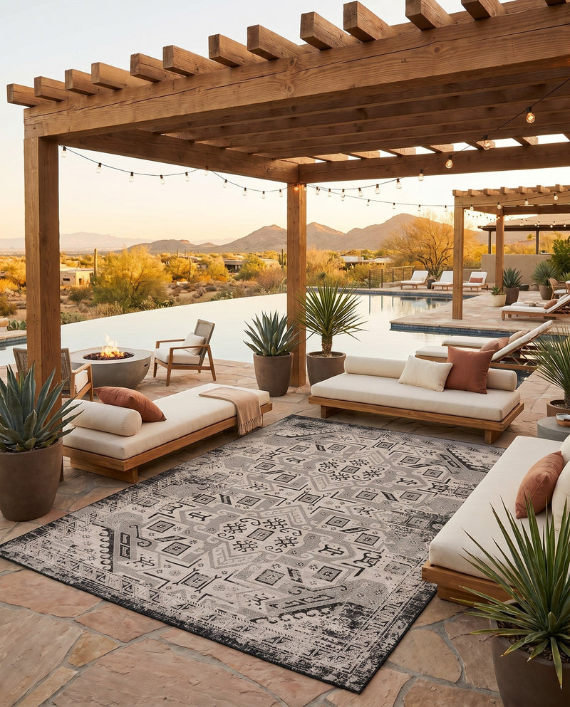 Tribal Terrace Treasures Collection Area Rug - Mayan Marina (Charcoal Gray) Rectangle Charcoal Gray  lifestyle 45