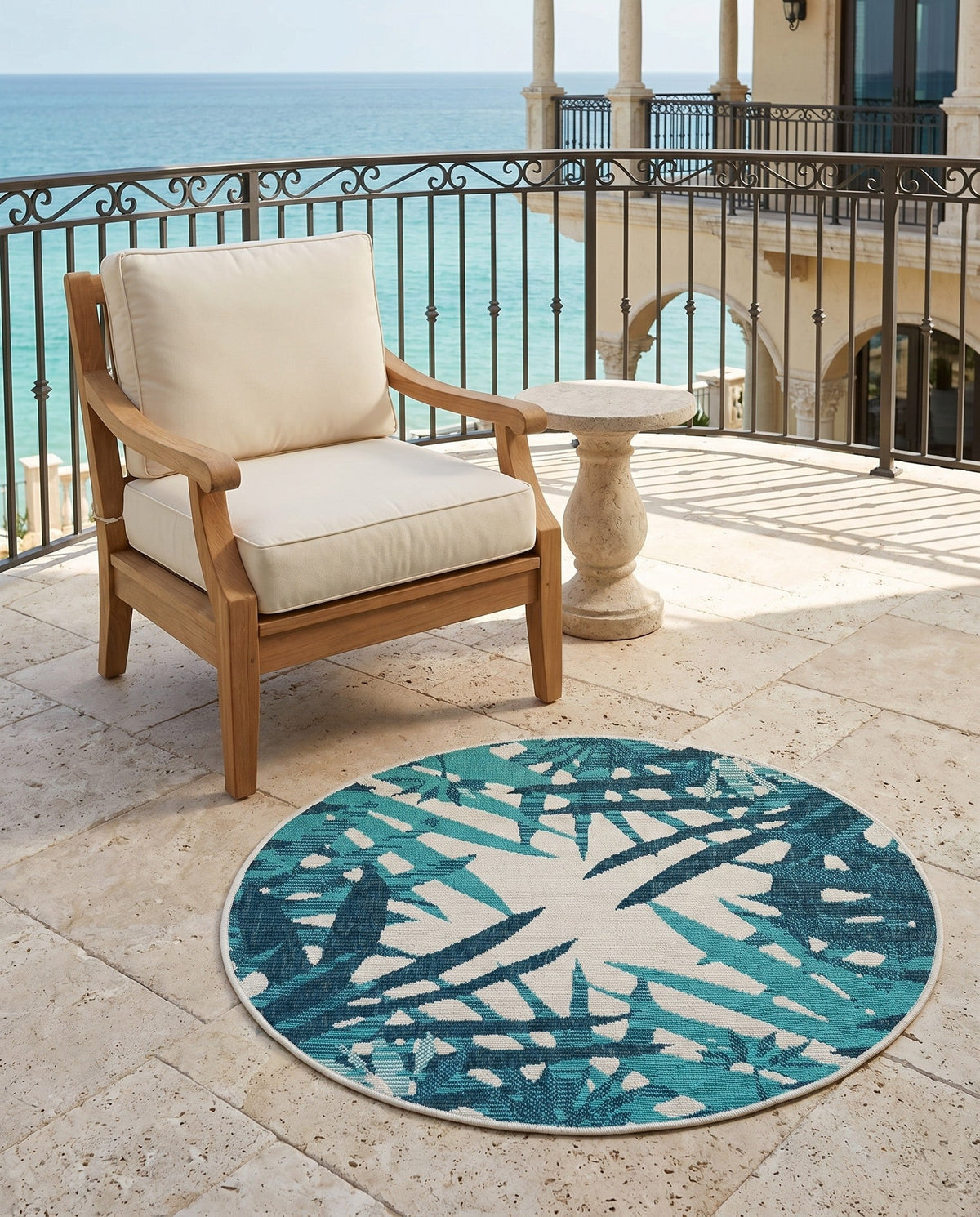 Seaside Blooms Collection Area Rug -  Provence Round Teal blue  lifestyle 79