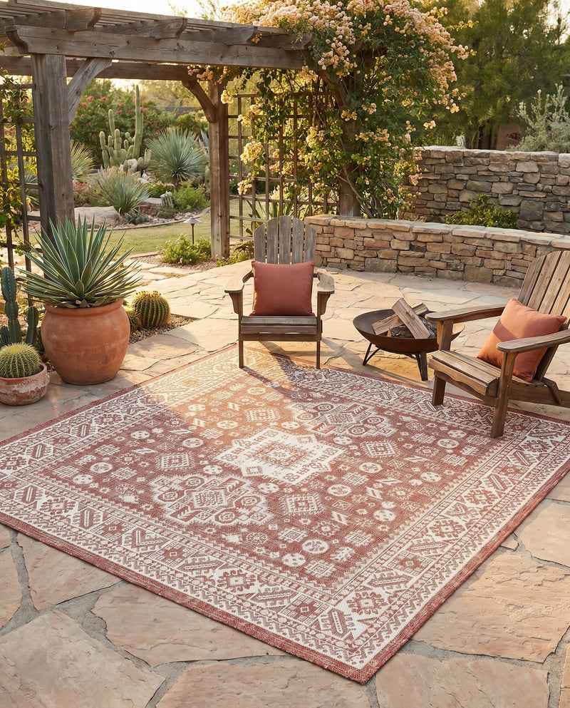 Tribal Terrace Treasures Collection Area Rug -  Incan Isle (Rust Red) Square Rust Red  lifestyle 40