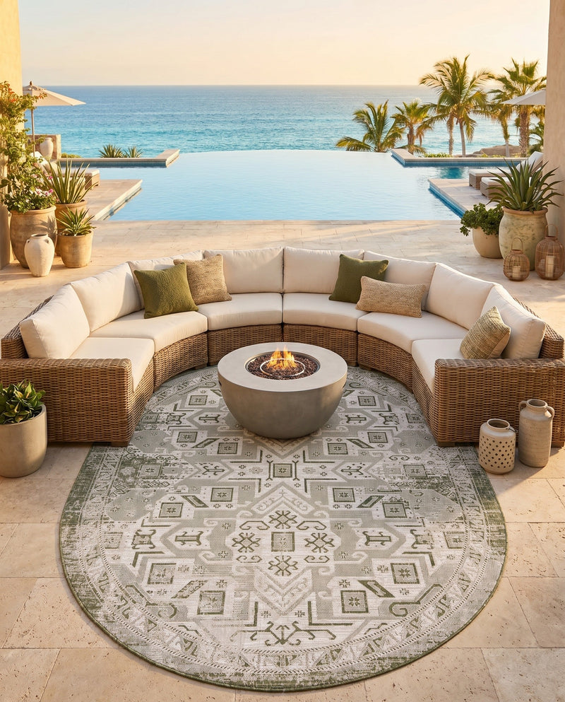 Tribal Terrace Treasures Collection Area Rug - Mayan Marina (Green) Oval Green  lifestyle 24
