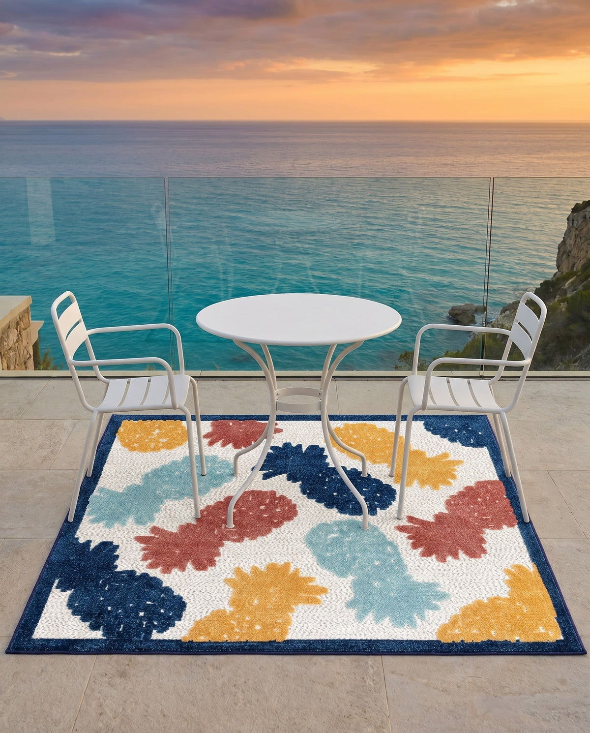 Caribbean Terrace Collection Area Rug -  Nevis Square White  lifestyle 99