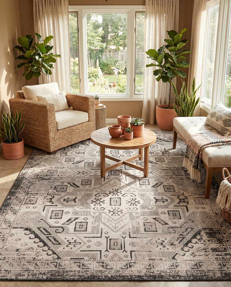 Tribal Terrace Treasures Collection Area Rug - Mayan Marina (Charcoal Gray) Rectangle Charcoal Gray  lifestyle 46