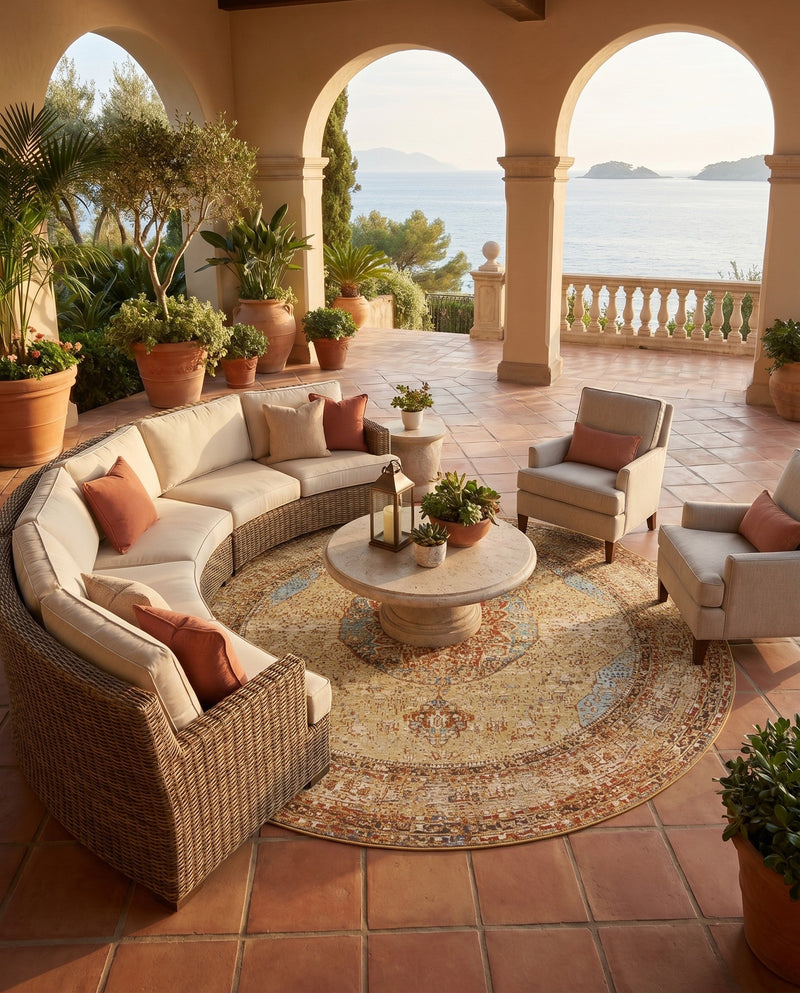 Patio Heritage Collection Area Rug -  Pergola Round Blue and Light Brown  lifestyle 65