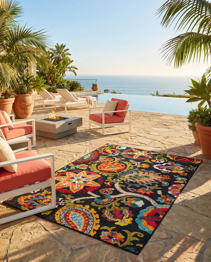 Outdoor Marrakesh Collection Area Rug - Fes Rectangle Multi Black  lifestyle 45