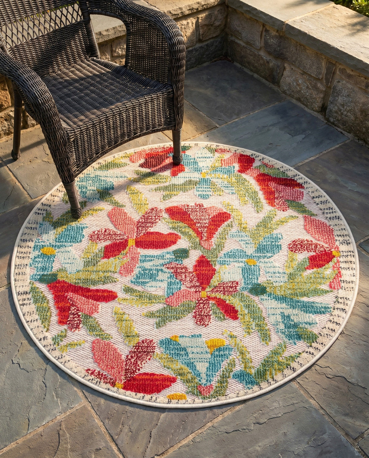 Outdoor Marrakesh Collection Area Rug -  Midelt Round Multi  lifestyle 80