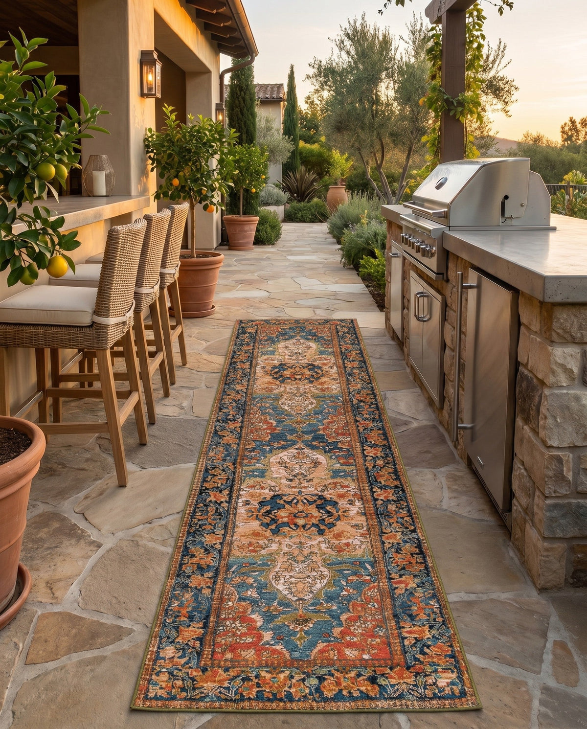 Patio Heritage Collection Area Rug -  Grove Runner Navy Blue and Rust Red  lifestyle 93