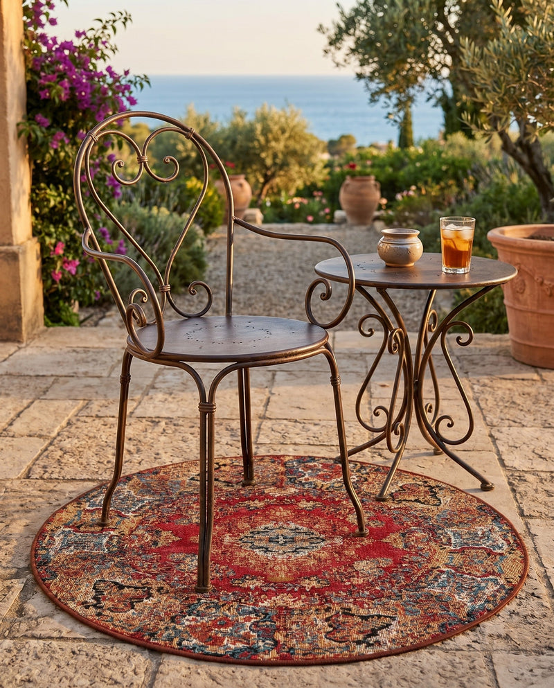 Patio Heritage Collection Area Rug -  Terrace Round Antique Red  lifestyle 75
