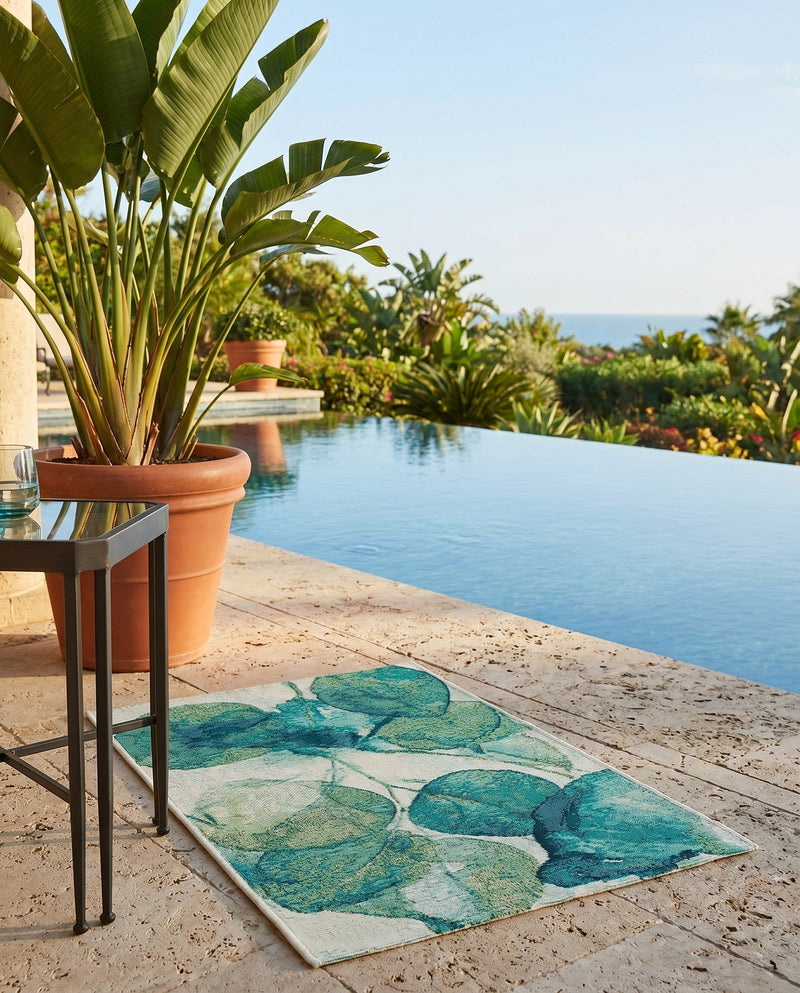 Seaside Blooms Collection Area Rug -  Flora Rectangle Blue Green  lifestyle 25