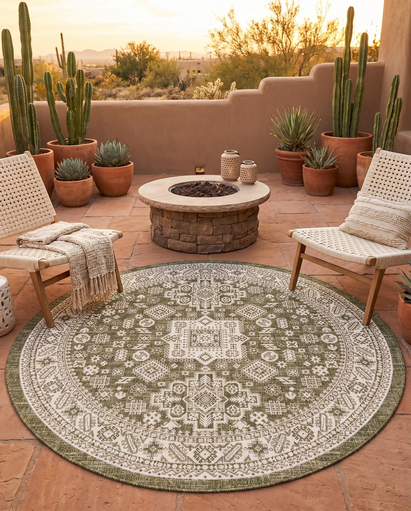 Tribal Terrace Treasures Collection Area Rug -  Incan Isle (Green) Round Green  lifestyle 35