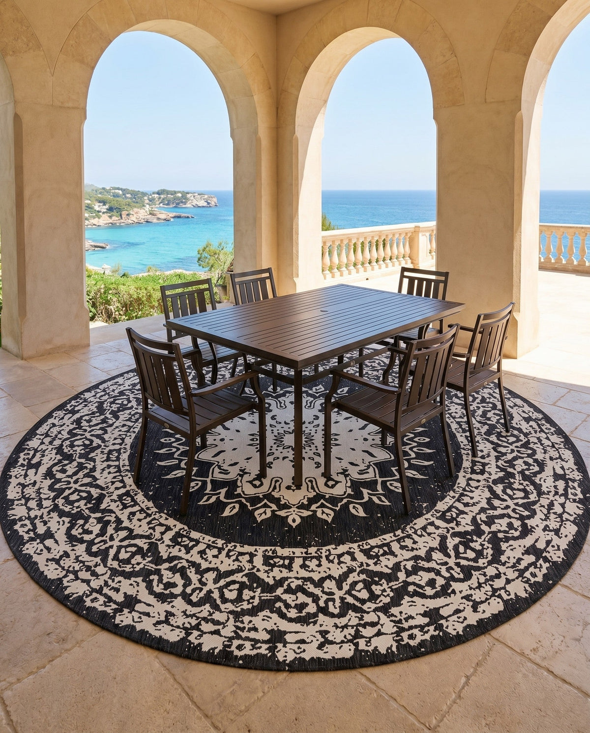 Patio Heritage Collection Area Rug -  Lafayette (Black and White) Round Black and White  lifestyle 60