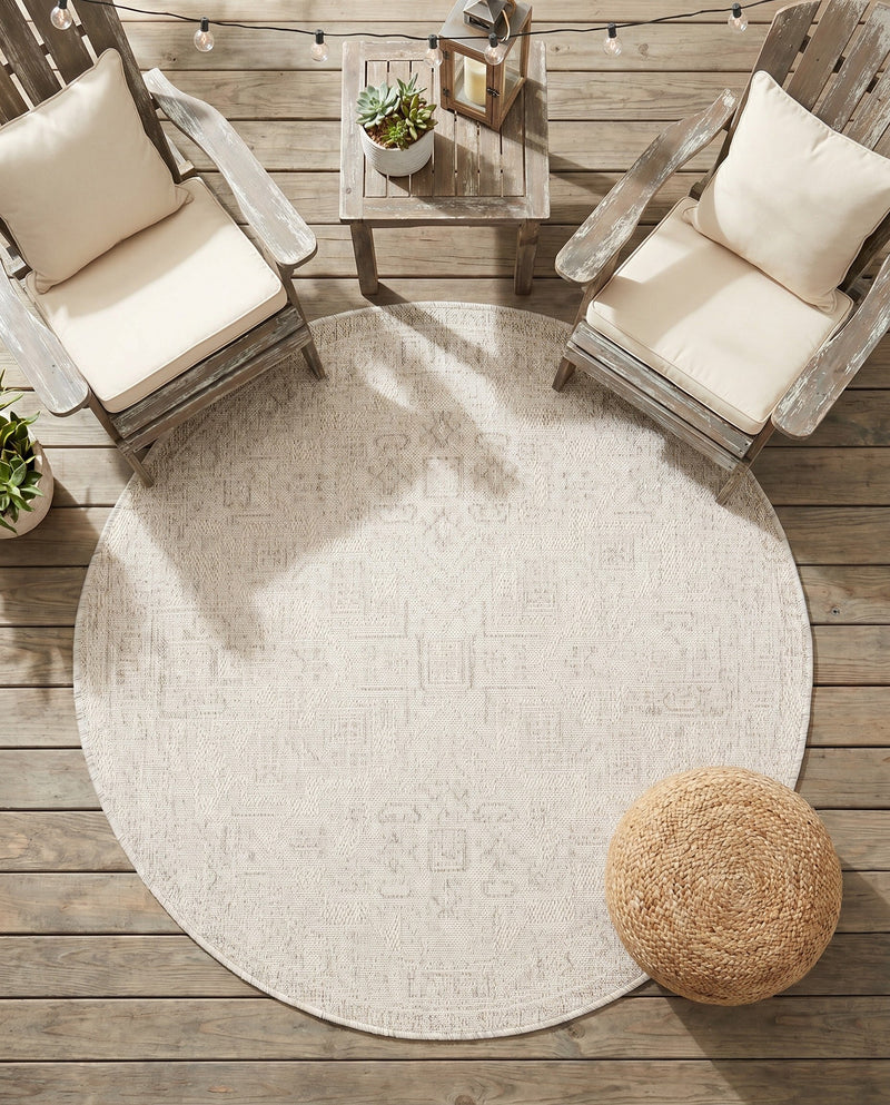 Tribal Terrace Treasures Collection Area Rug - Mayan Marina (Light Gray) Round Light Gray  lifestyle 31