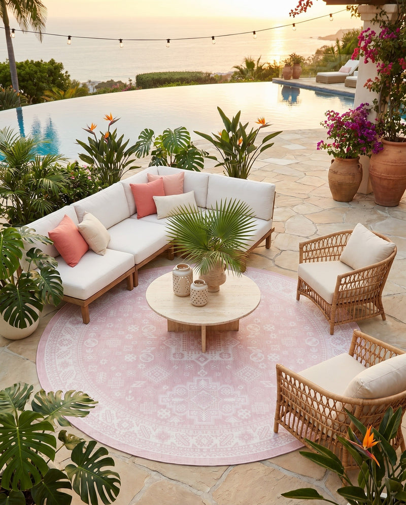 Tribal Terrace Treasures Collection Area Rug -  Incan Isle (Pink) Round Pink  lifestyle 43