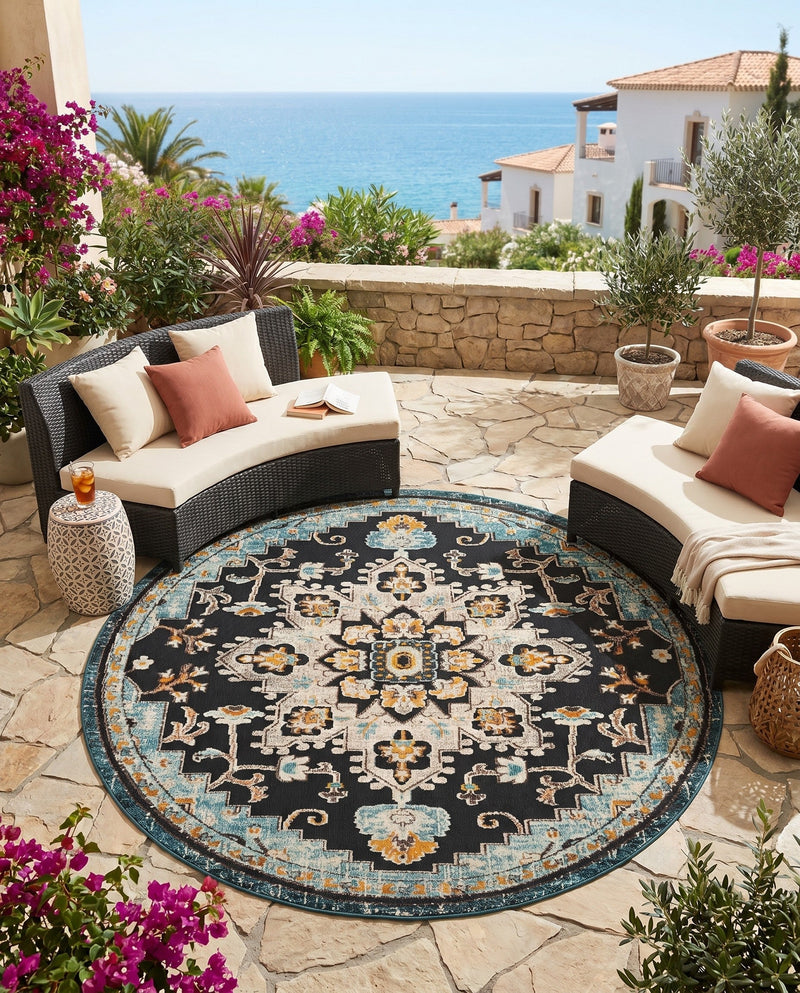 Outdoor Marrakesh Collection Area Rug -  Essaouira Round Navy Blue  lifestyle 74