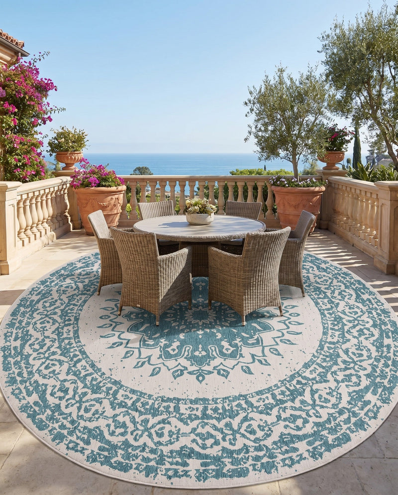 Patio Heritage Collection Area Rug -  Lafayette (Aqua) Round Aqua  lifestyle 19