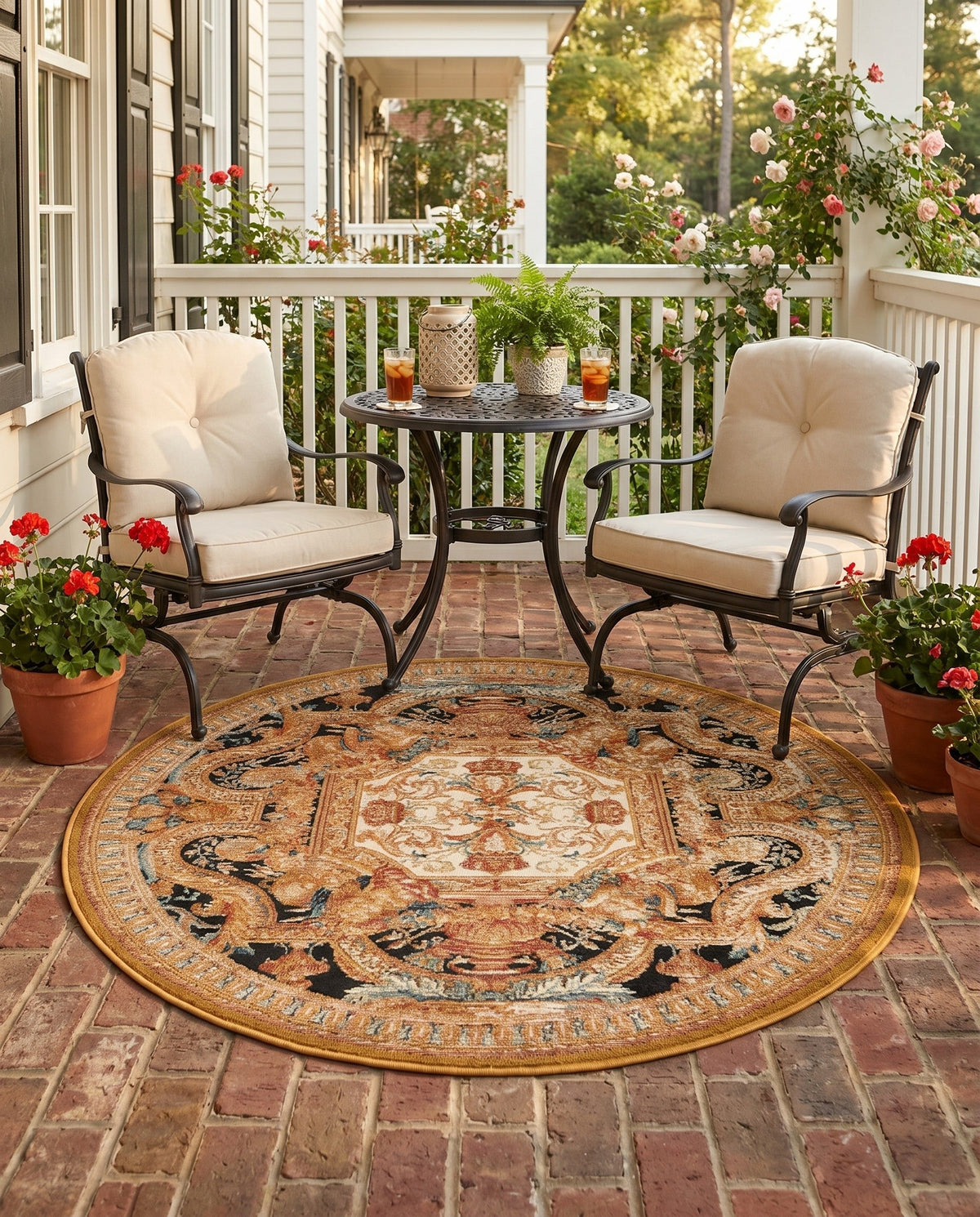 Patio Heritage Collection Area Rug - Veranda Round Black Gold Brown  lifestyle 81