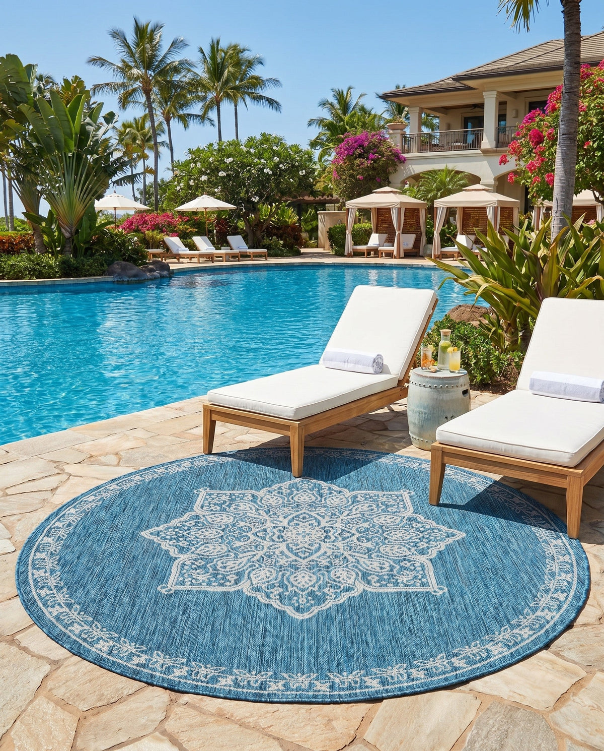 Patio Heritage Collection Area Rug -  Charleston (Teal) Round Teal  lifestyle 82